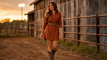 western shirt dress Red & Cowgirl Print Swing – Unique Vintage Intricate western yokes Stay Wild T-Shirt Dress |