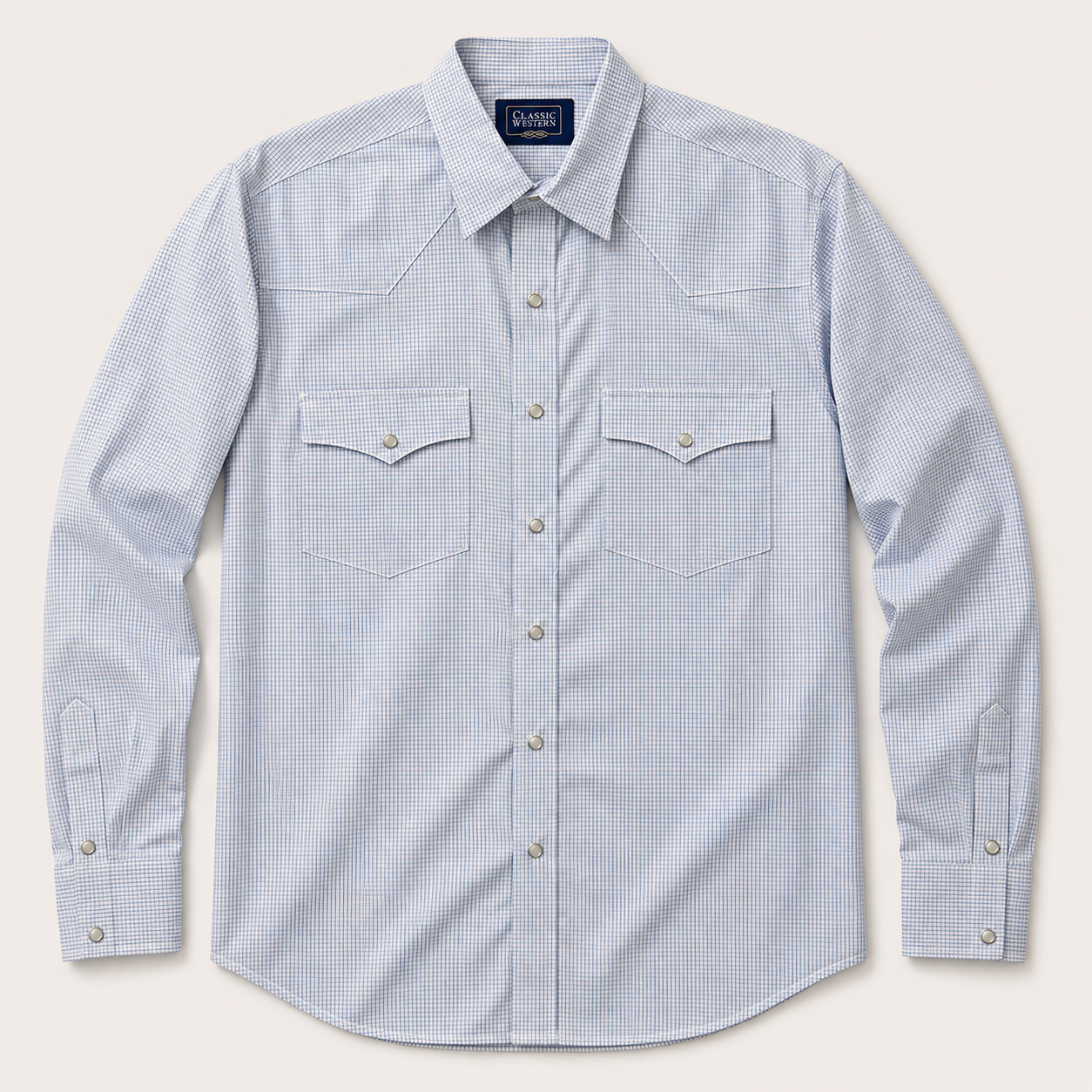 Men's White & Blue Micro Check Long Sleeve Western Snap Shirt