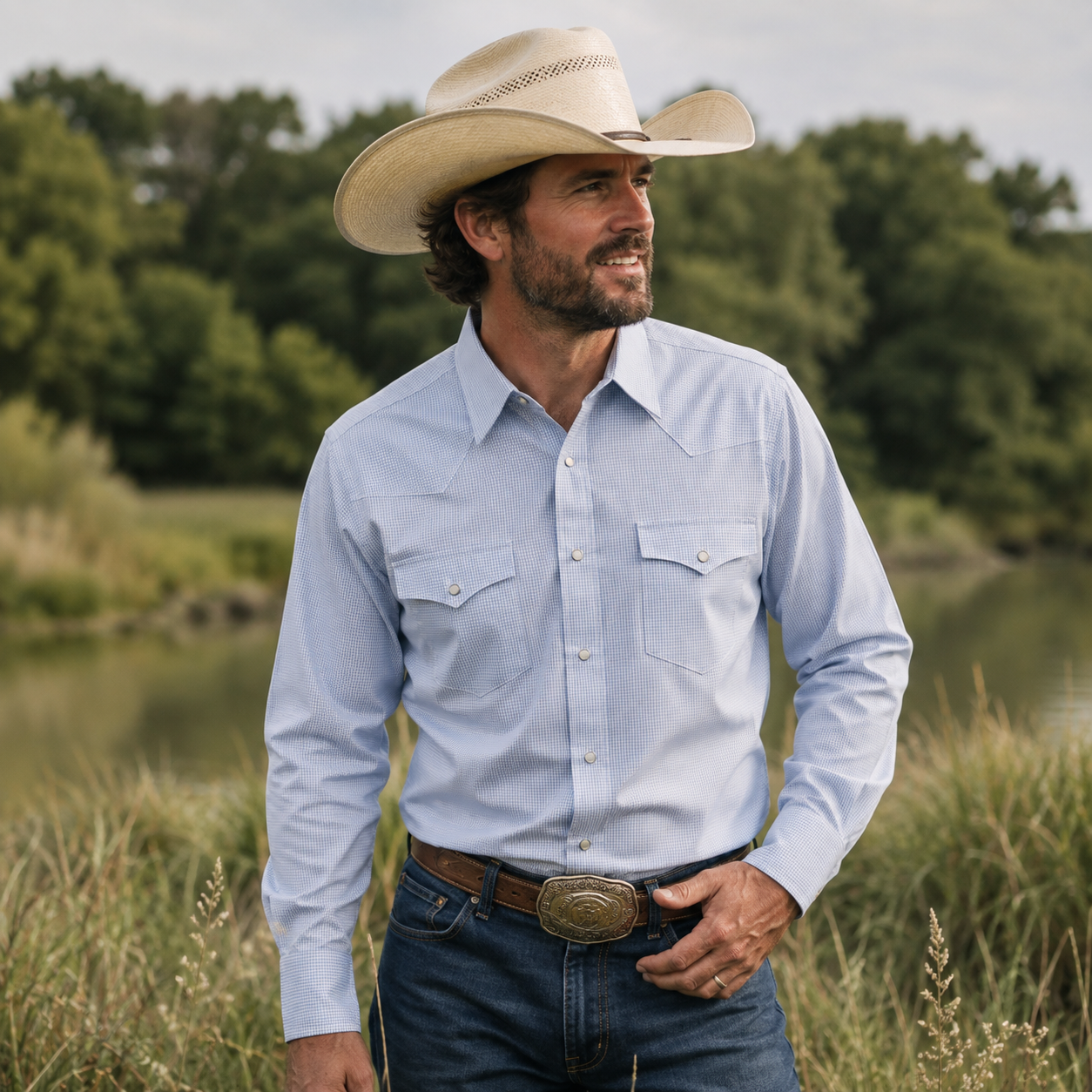 Men's White & Blue Micro Check Long Sleeve Western Snap Shirt