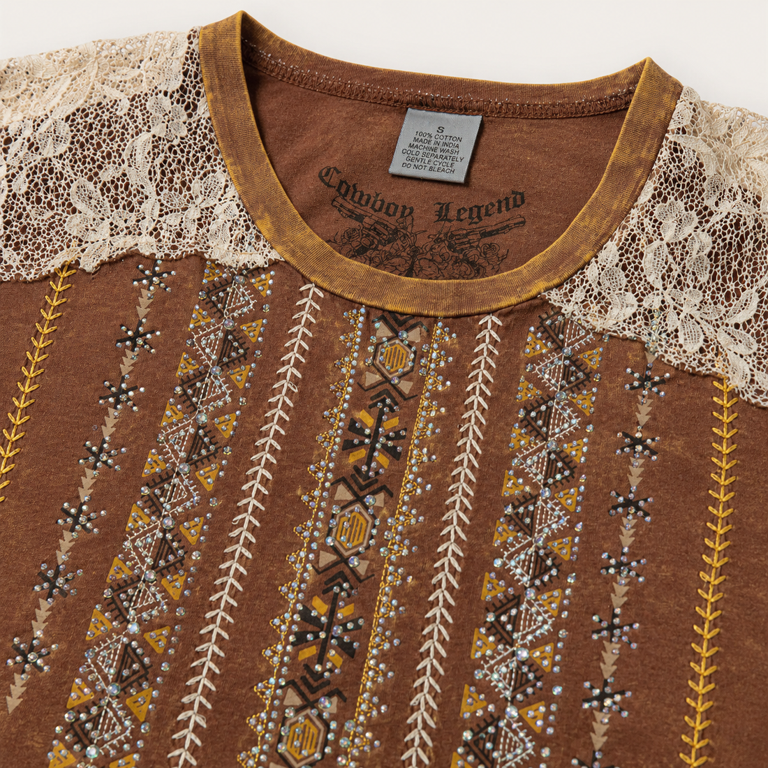 Ladie's Vintage Wash Embroidered Lace Shoulder Top