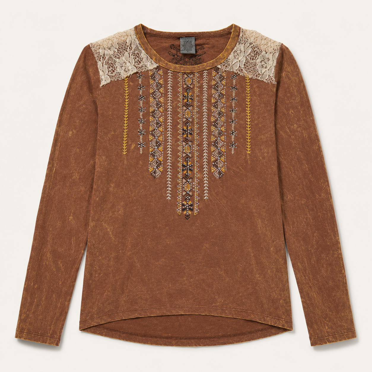Women’s Vintage Wash Embroidered Western Lace Shoulder Top