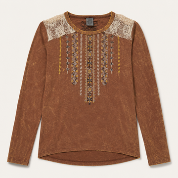 Women’s Vintage Wash Embroidered Western Lace Shoulder Top