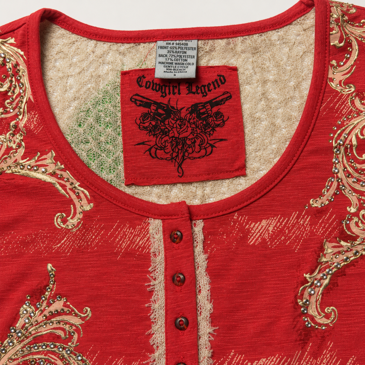 Women’s Red Western Graphic Henley Tee