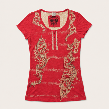 Women’s Red Western Graphic Henley Tee