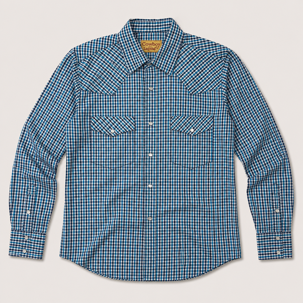Men's Blue Mini Check Long Sleeve Cowboy Western Snap Shirt