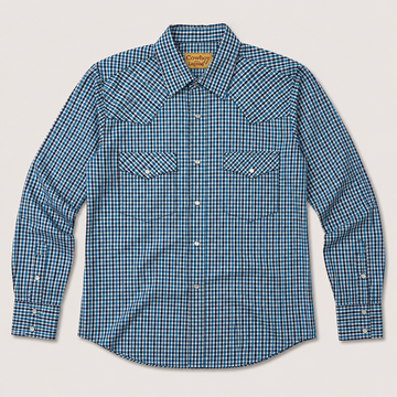 Men's Blue Mini Check Long Sleeve Cowboy Western Snap Shirt