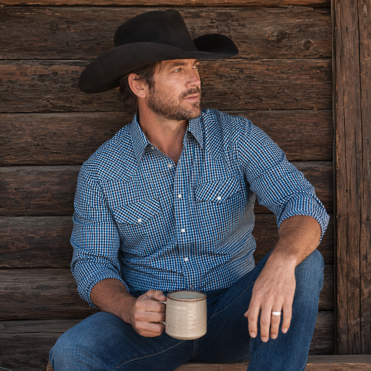 Men's Blue Mini Check Long Sleeve Cowboy Western Snap Shirt