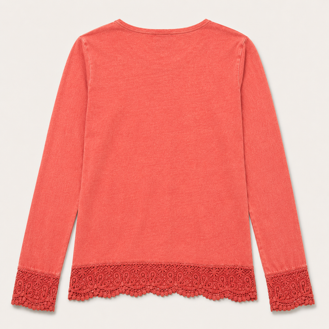 Vintage Wash Crochet Hem Long Sleeve Top
