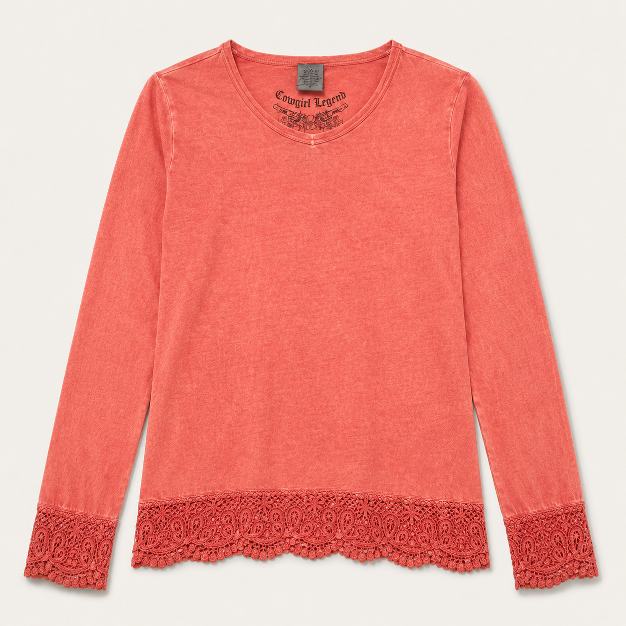 Women’s Vintage Wash Crochet Hem Long Sleeve Top