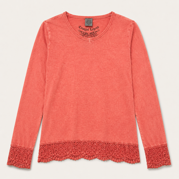 Women’s Vintage Wash Crochet Hem Long Sleeve Top