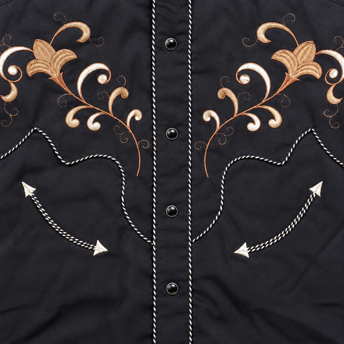 Men’s Classic Black Floral Embroidered Retro Western Snap Shirt