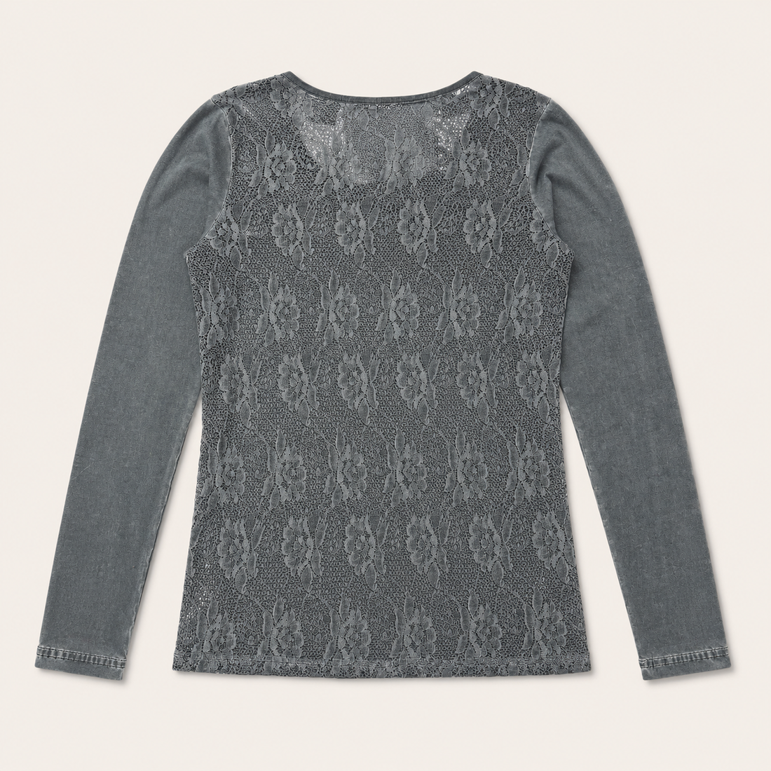Ladie's Vintage Wash Lace Panel Long Sleeve Top