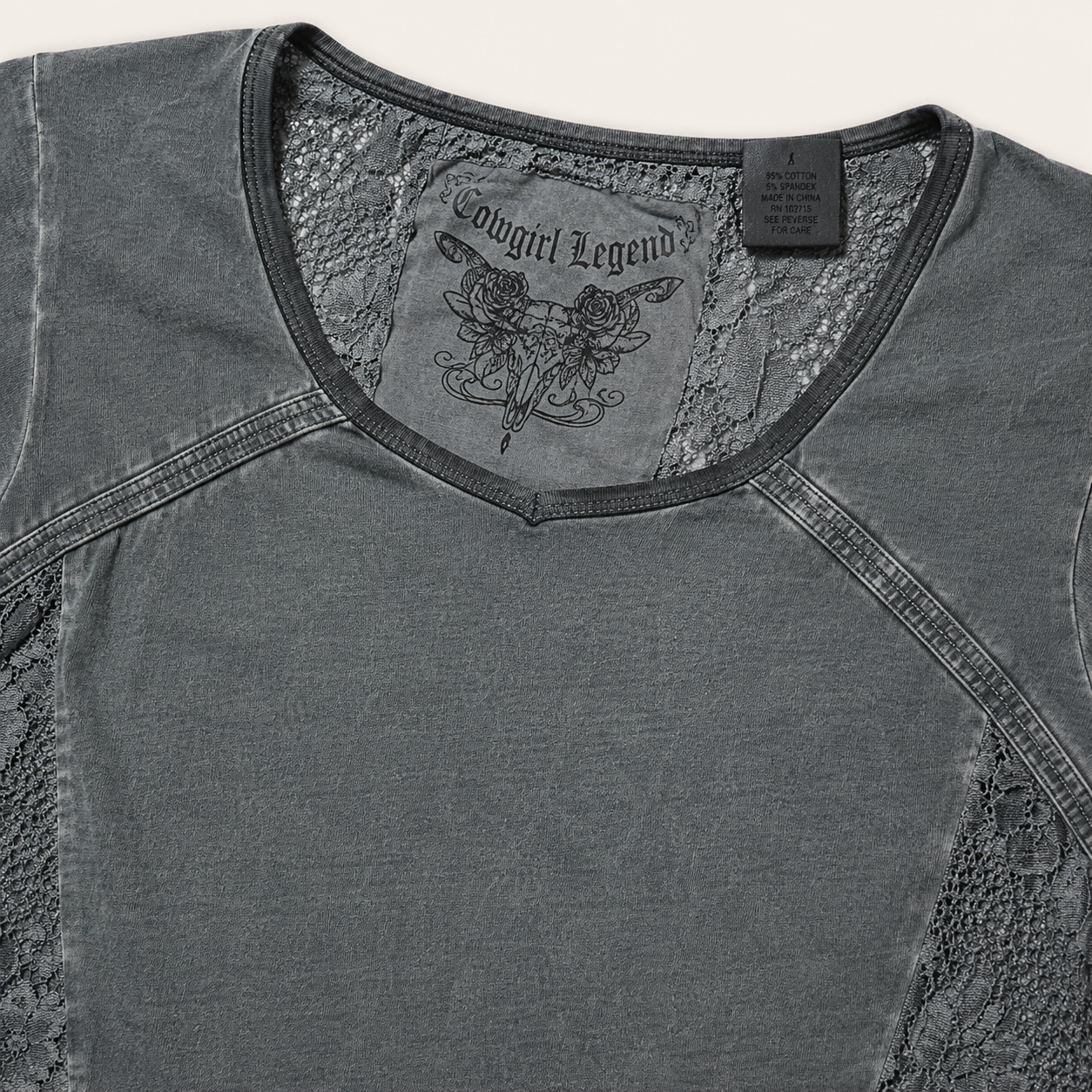 Women’s Vintage Wash Lace Panel Western Long Sleeve Top