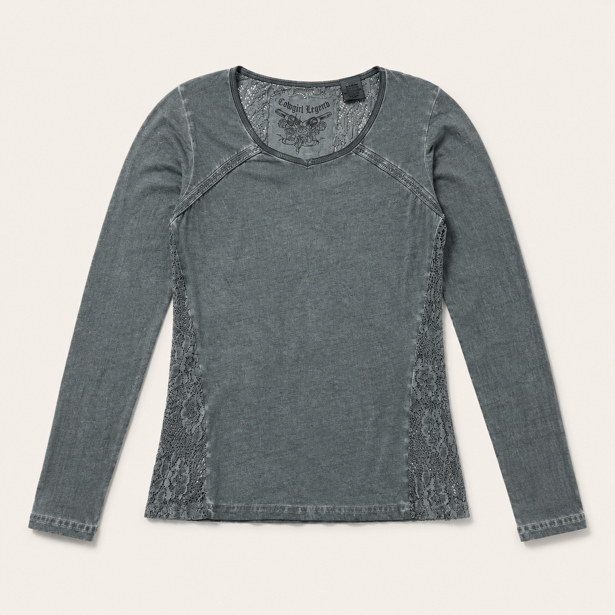Women’s Vintage Wash Lace Panel Western Long Sleeve Top