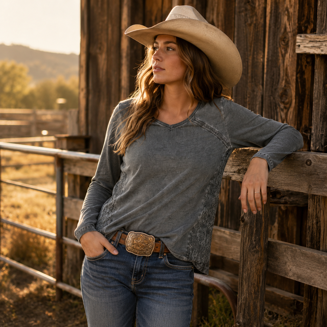 Women’s Vintage Wash Lace Panel Western Long Sleeve Top
