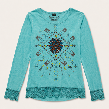 Women’s Aztec Graphic Lace Trim Long Sleeve Top