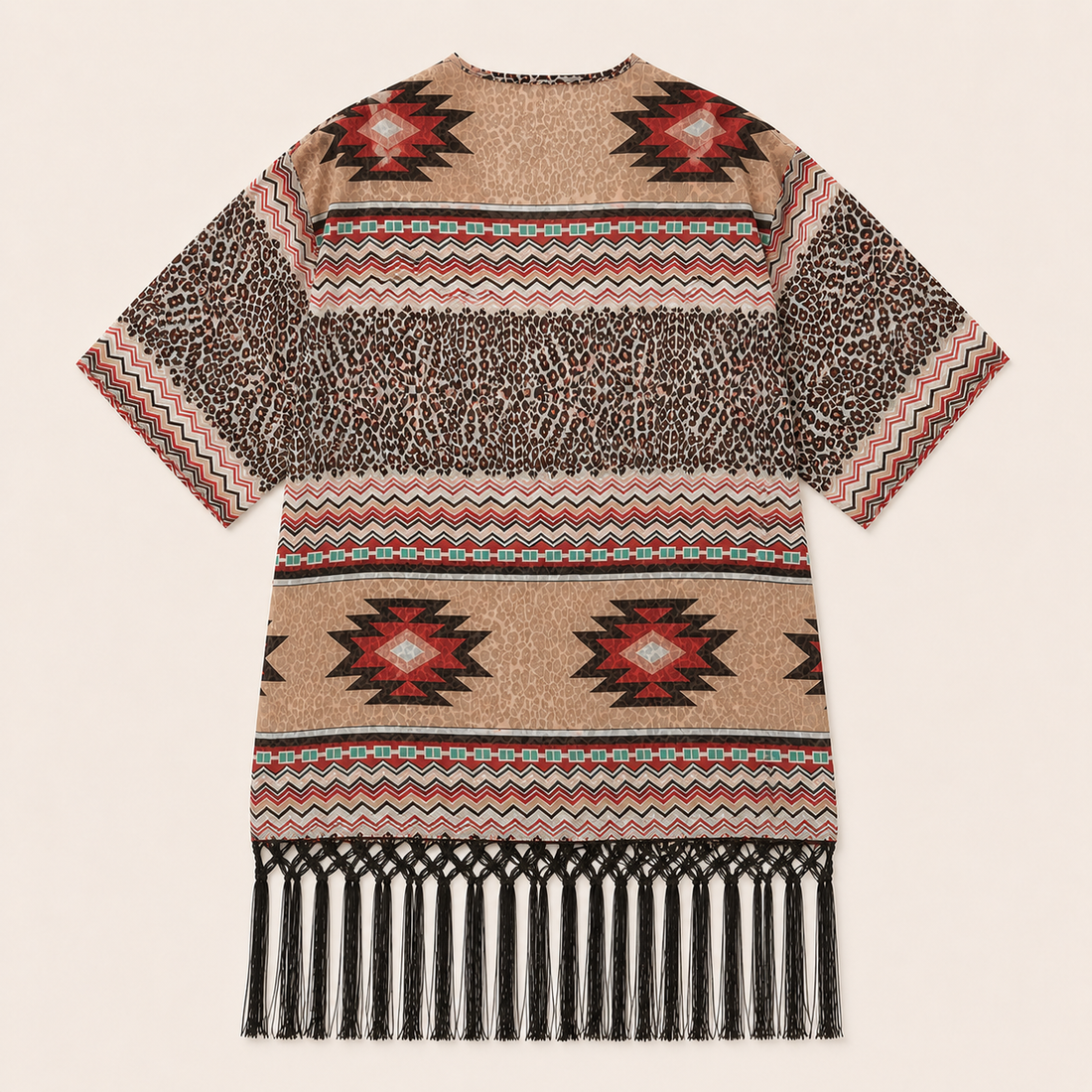 Aztec Leopard Fringe Kimono Cardigan