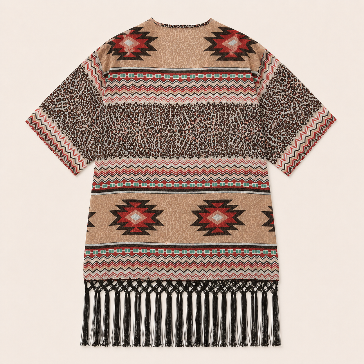 Outdoor Casuals Women’s Aztec Leopard Fringe Kimono Cardigan