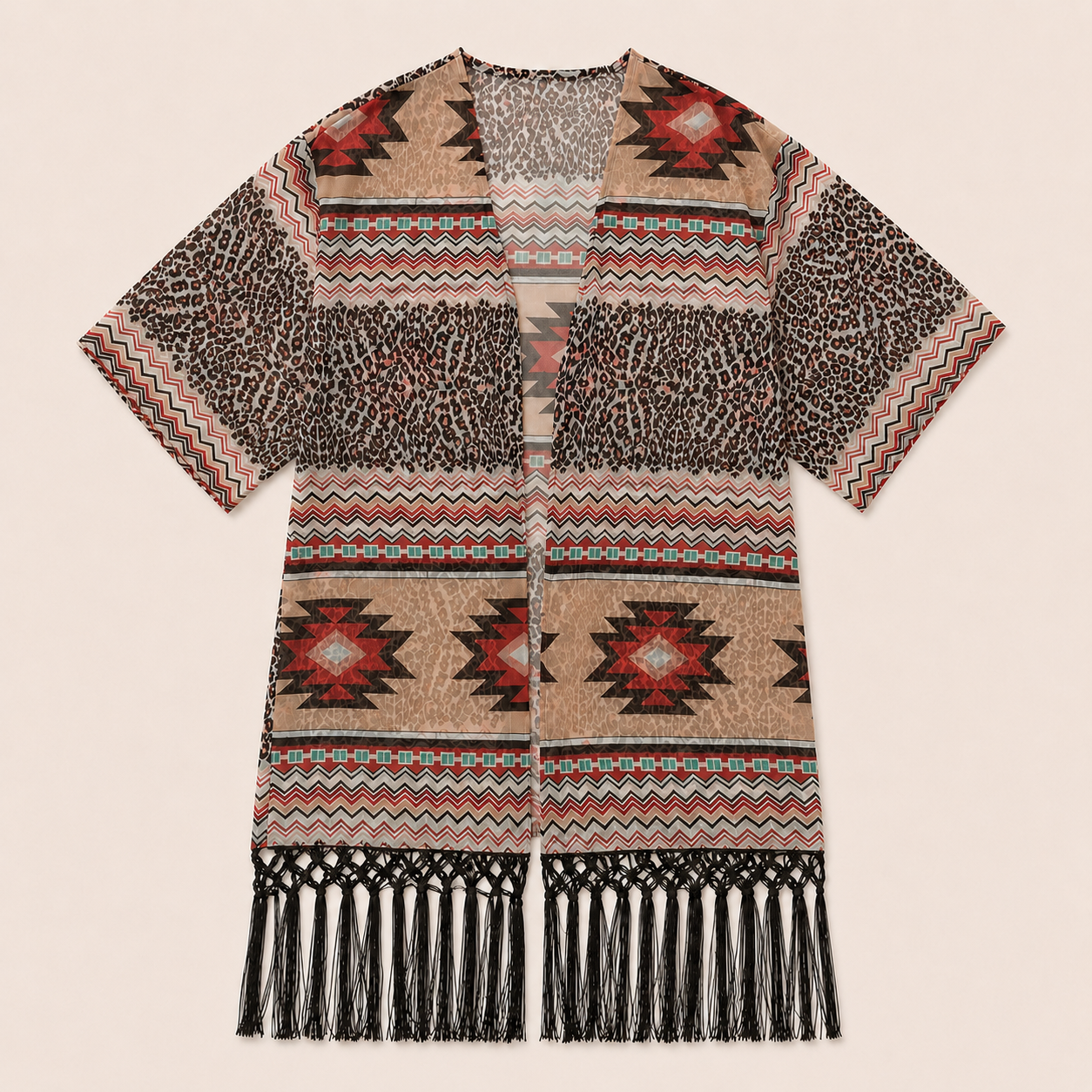 Outdoor Casuals Women’s Aztec Leopard Fringe Kimono Cardigan