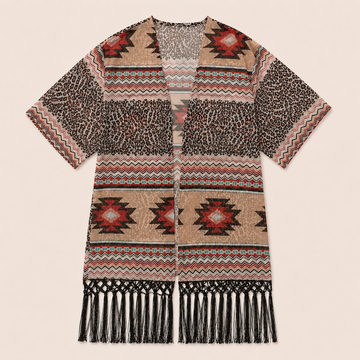 Outdoor Casuals Women’s Aztec Leopard Fringe Kimono Cardigan