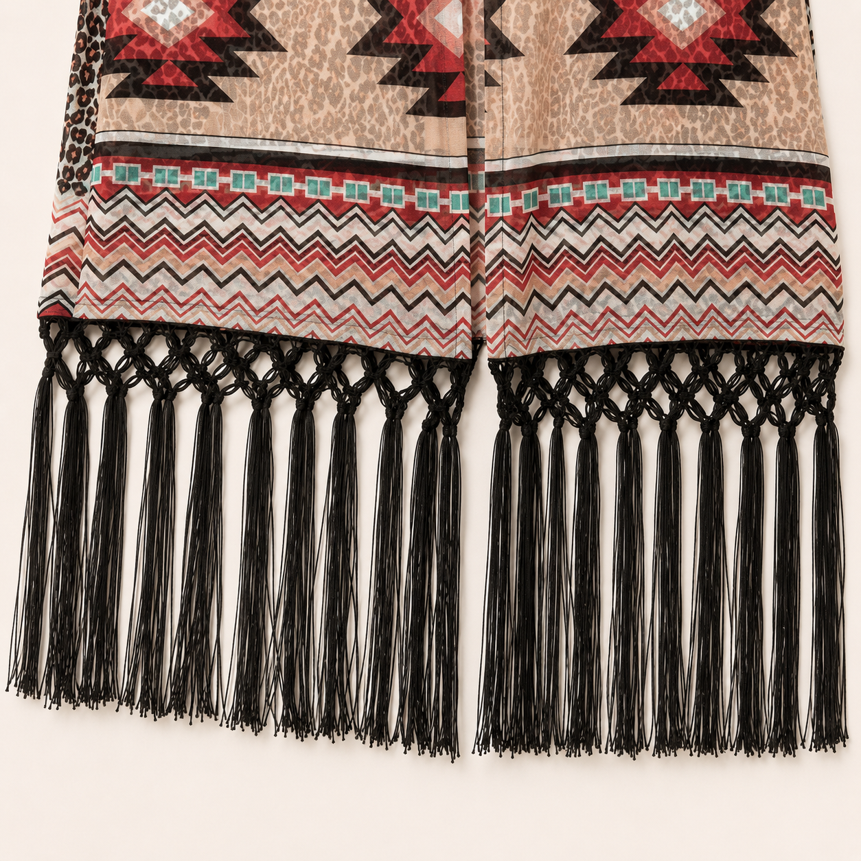 Outdoor Casuals Women’s Aztec Leopard Fringe Kimono Cardigan
