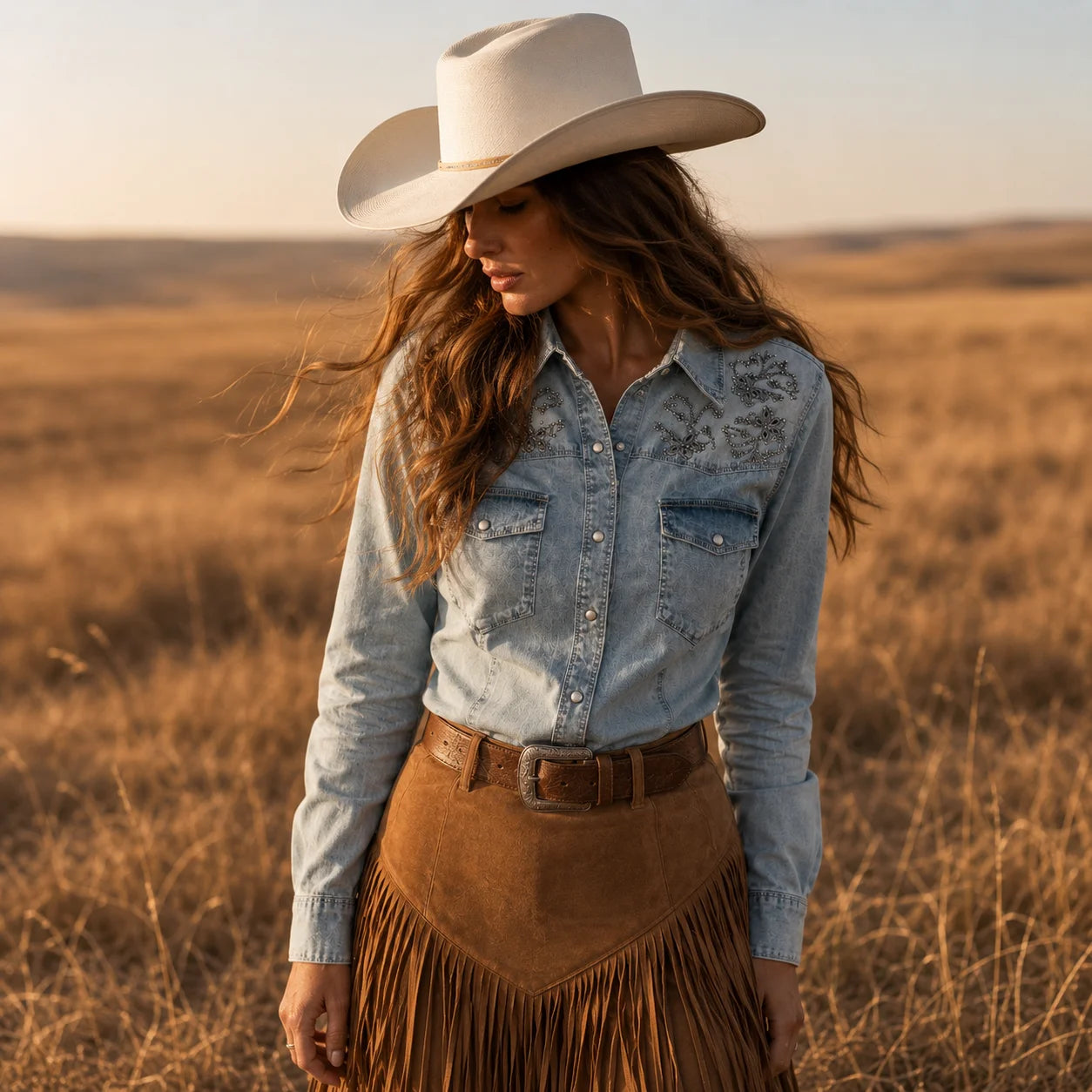 Embellished Western Denim Snap Shirt