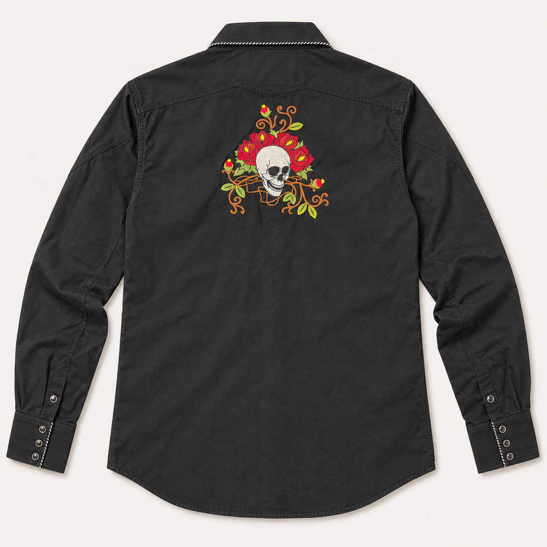 Men’s Classic Black Skull & Rose Embroidered Western Snap Shirt