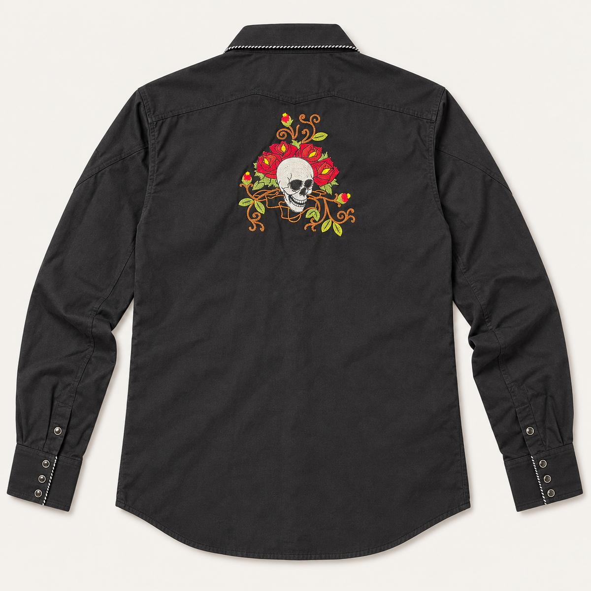 Men’s Classic Black Skull & Rose Embroidered Western Snap Shirt