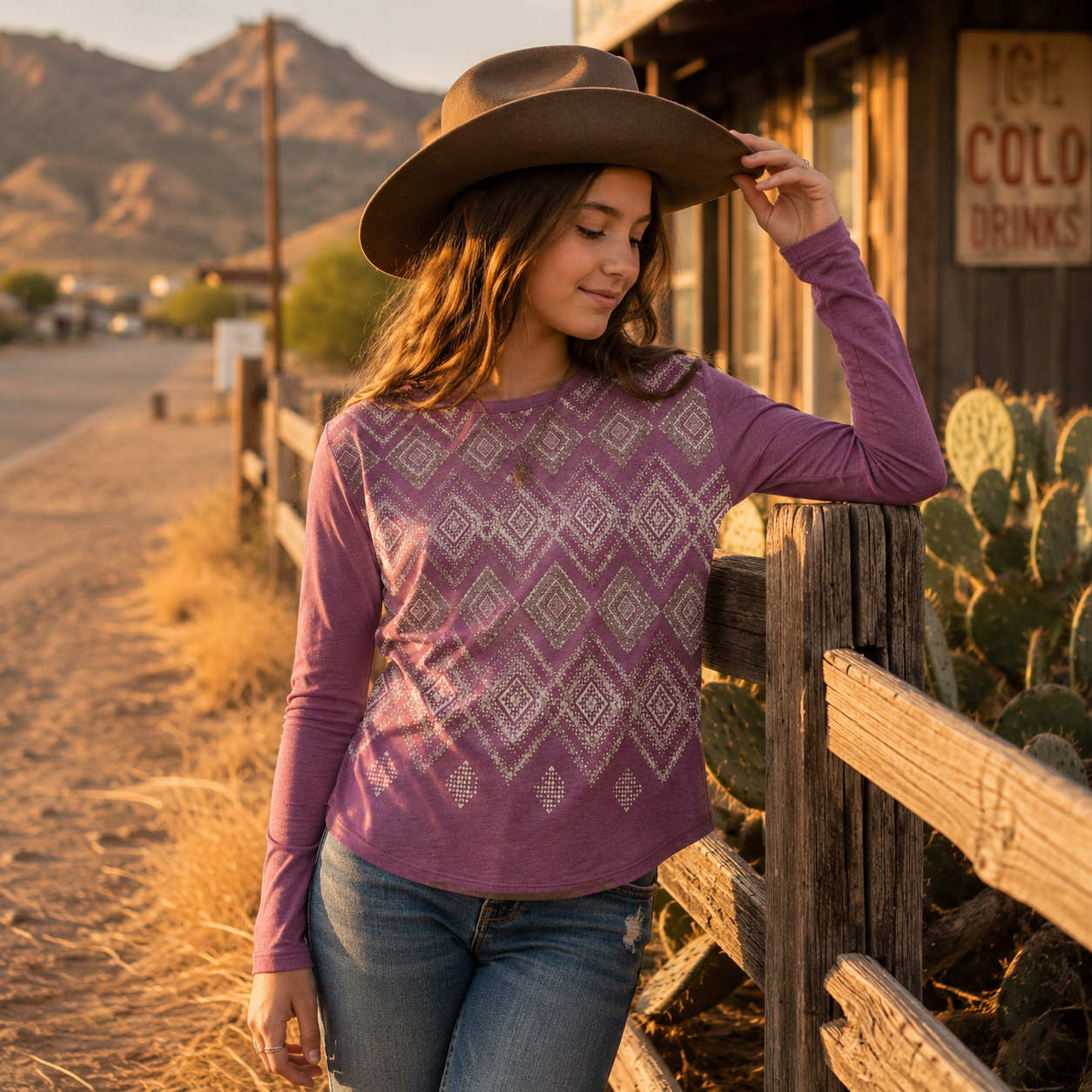Cowgirl’s Southwestern Diamond Print Long Sleeve Tee