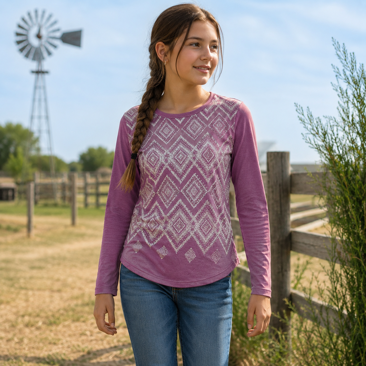 Cowgirl’s Southwestern Diamond Print Long Sleeve Tee