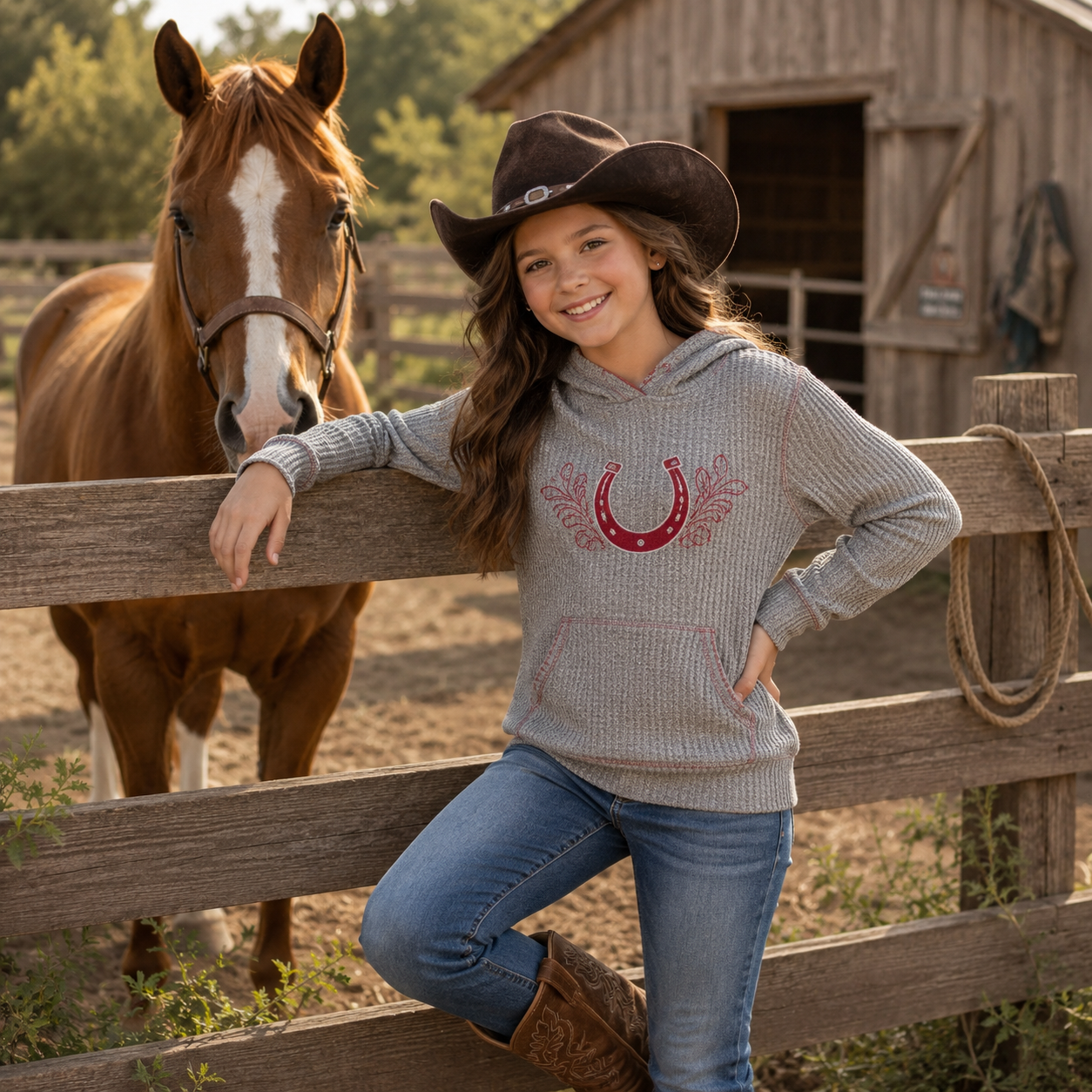 Girl's Western Horseshoe Waffle Knit Hoodie