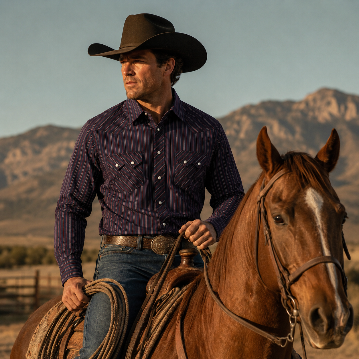 Men’s Red Stripe Long Sleeve Cowboy Western Snap Shirt