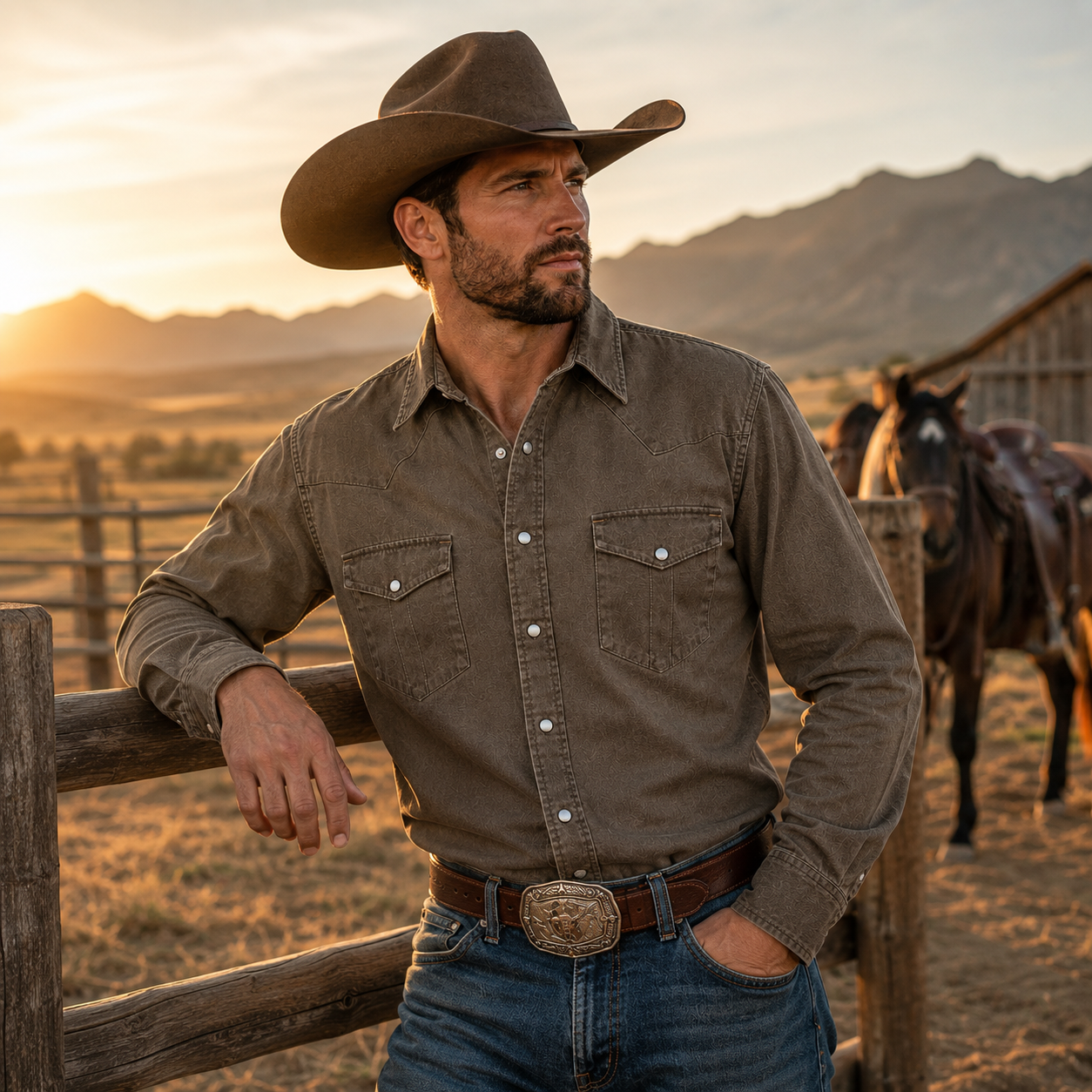Men’s Long Sleeve Olive Cowboy Western Yoke Shirt
