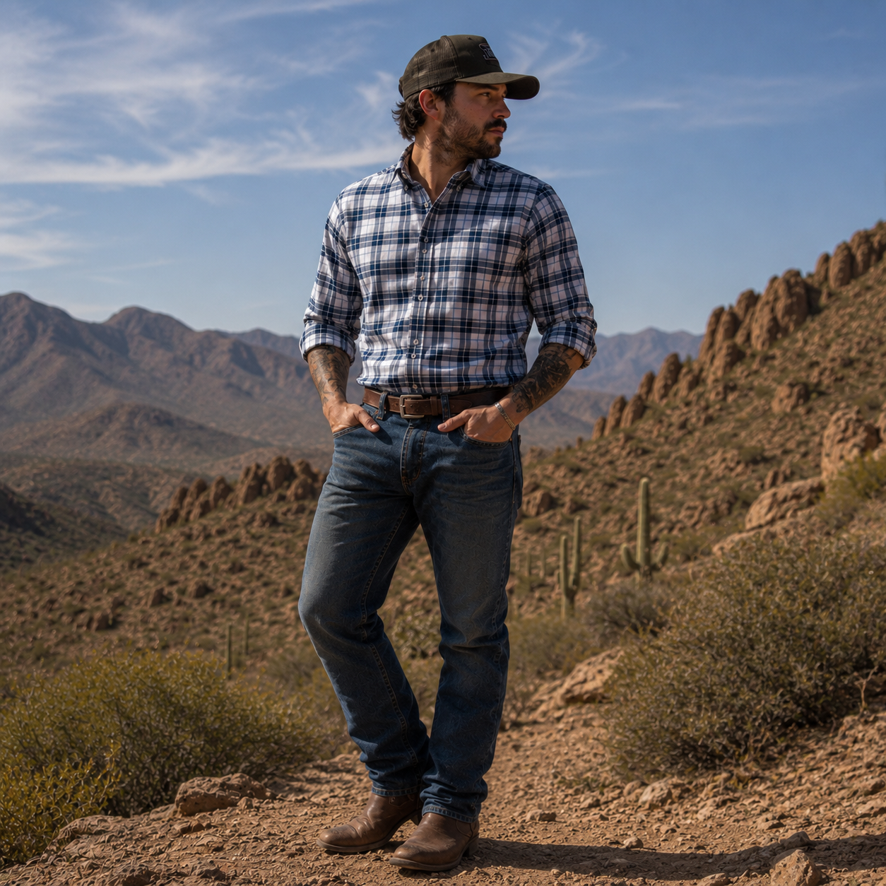Men’s Blue White Plaid Long Sleeve Cowboy Western Shirt