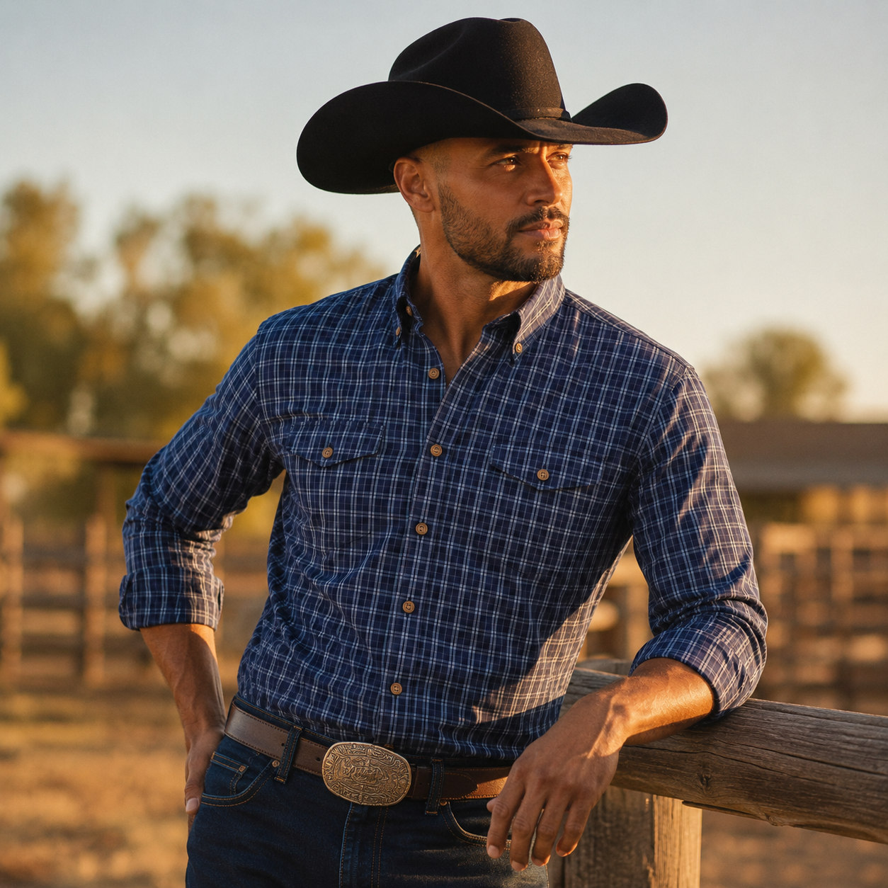 Men’s Blue Plaid Long Sleeve Cowboy Western Button Down Shirt