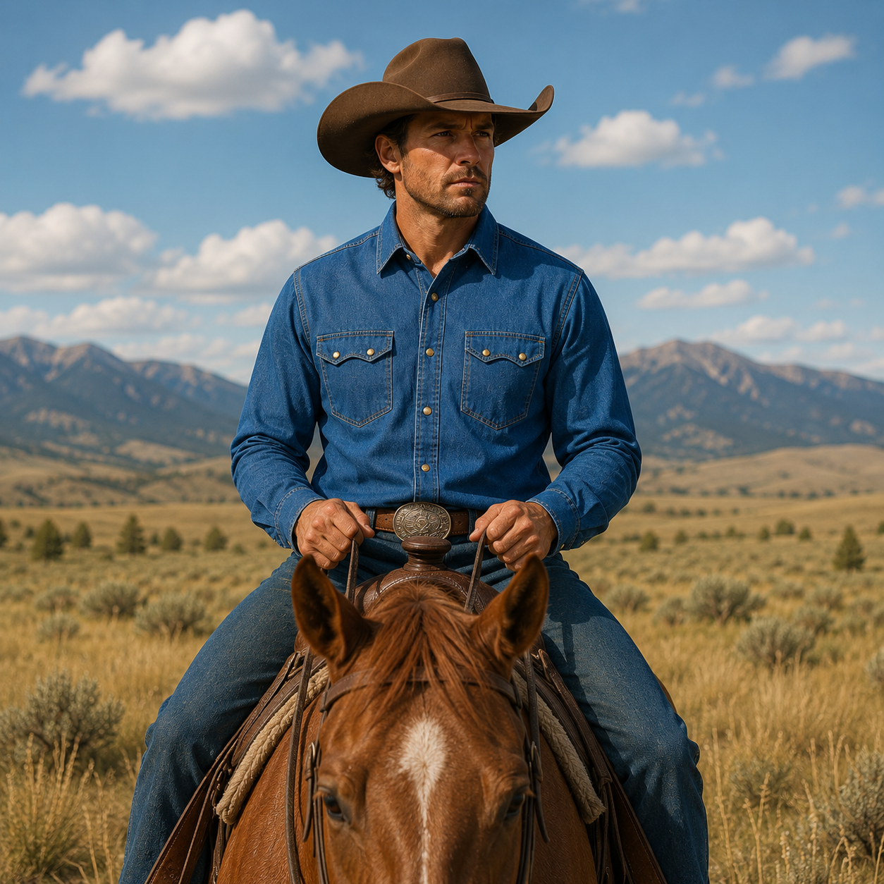 Men’s Long Sleeve Cowboy Denim Western Snap Shirt
