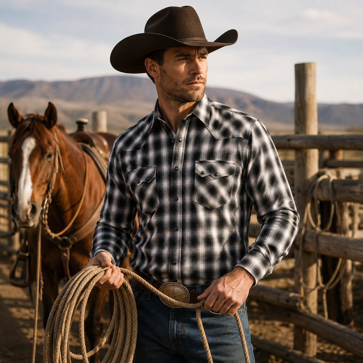 Men’s Black Plaid Long Sleeve Cowboy Western Snap Shirt