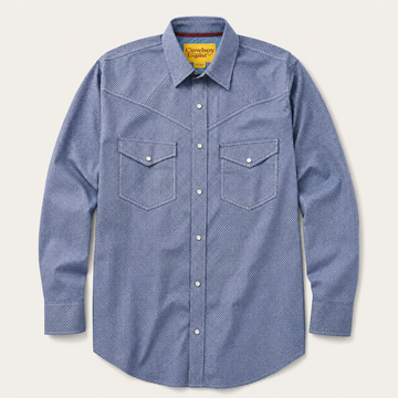 Men’s Blue Micro Print Long Sleeve Cowboy Western Snap Shirt