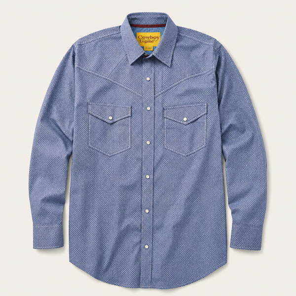 Men's Blue Micro Check Long Sleeve Snap Buttons Shirt