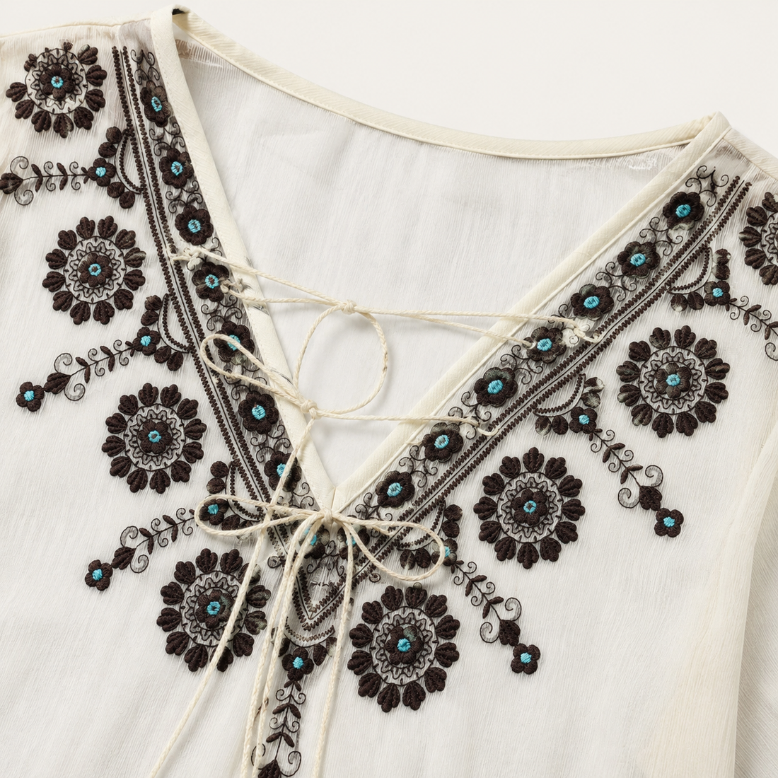 Ladie's Bohemian Tassel Neck Long Sleeve Top