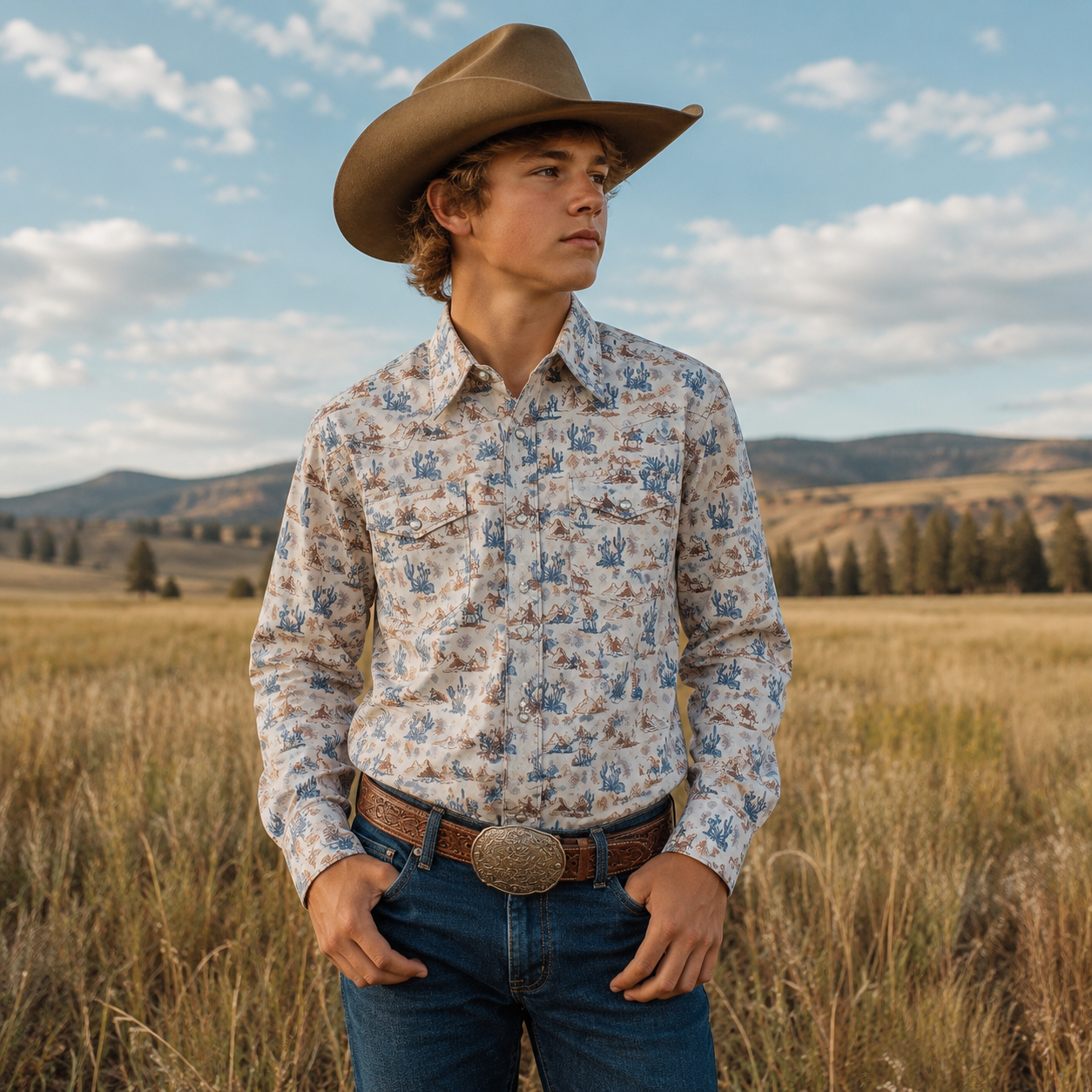 Boys Desert Print Long Sleeve Cowboy Western Snap Shirt