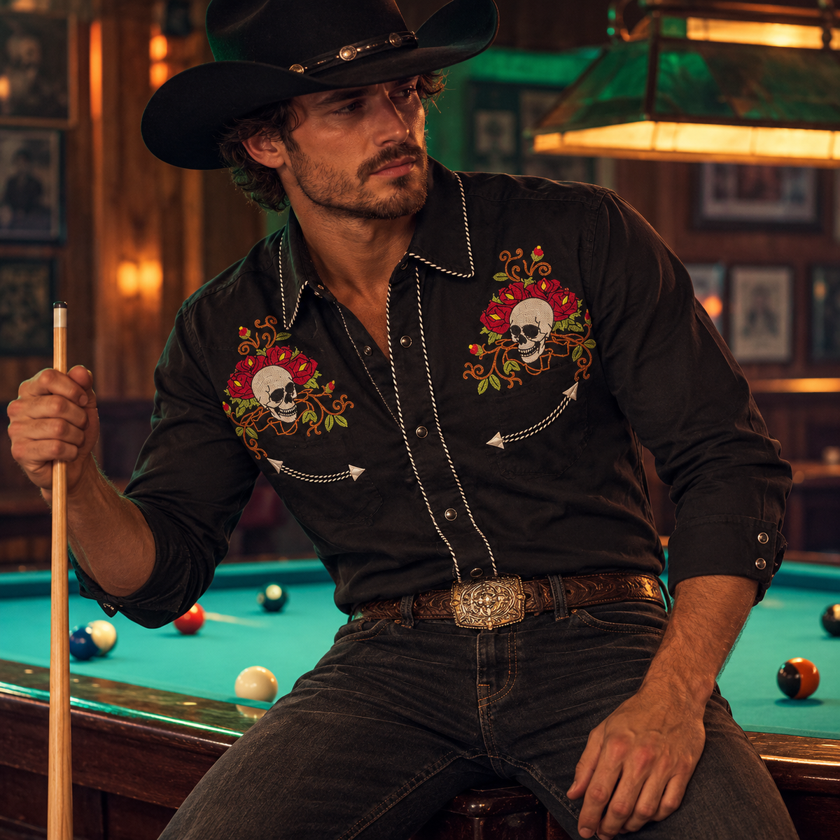 Men’s Classic Black Skull & Rose Embroidered Western Snap Shirt
