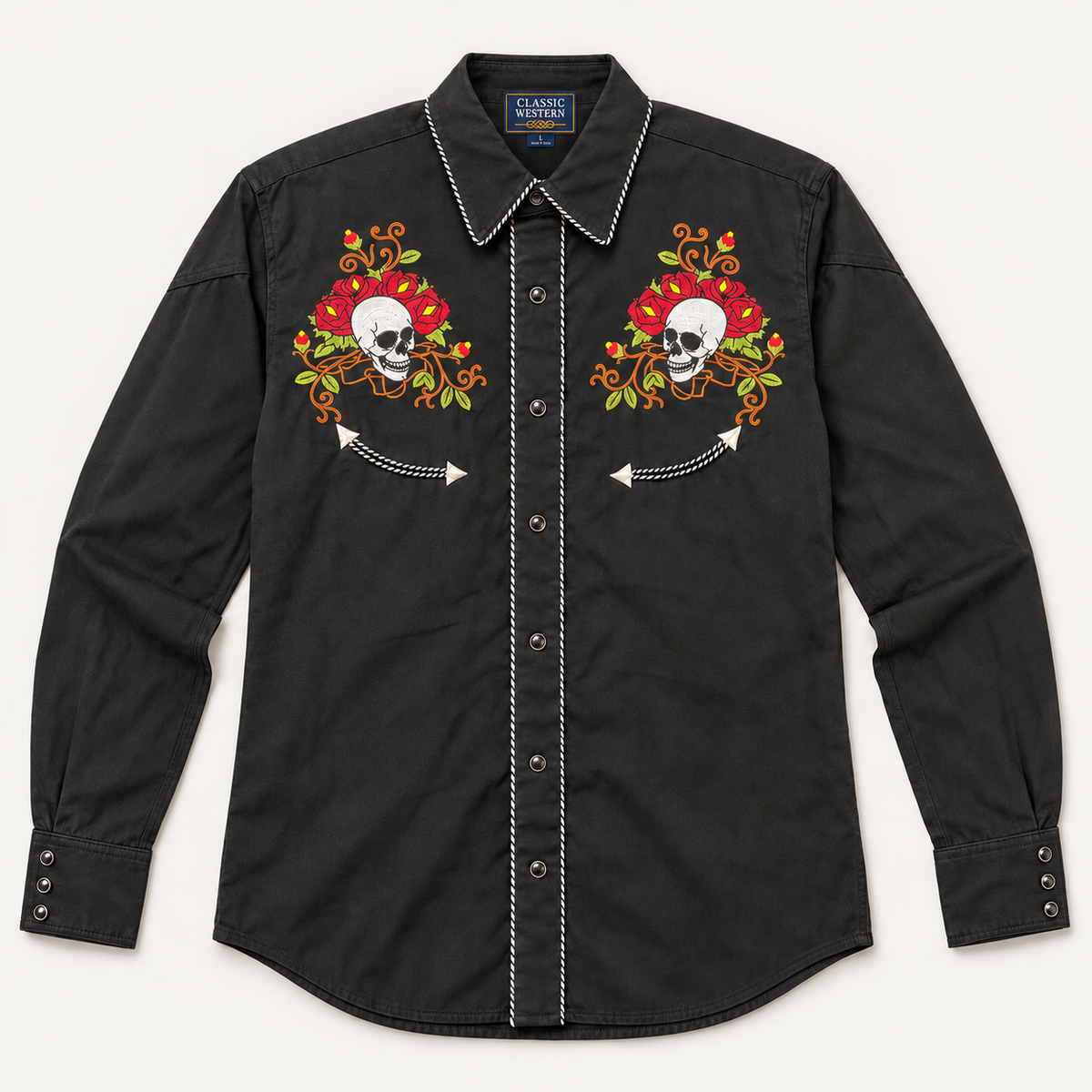 Men’s Classic Black Skull & Rose Embroidered Western Snap Shirt