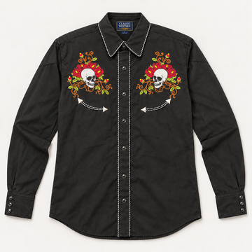 Men’s Classic Black Skull & Rose Embroidered Western Snap Shirt