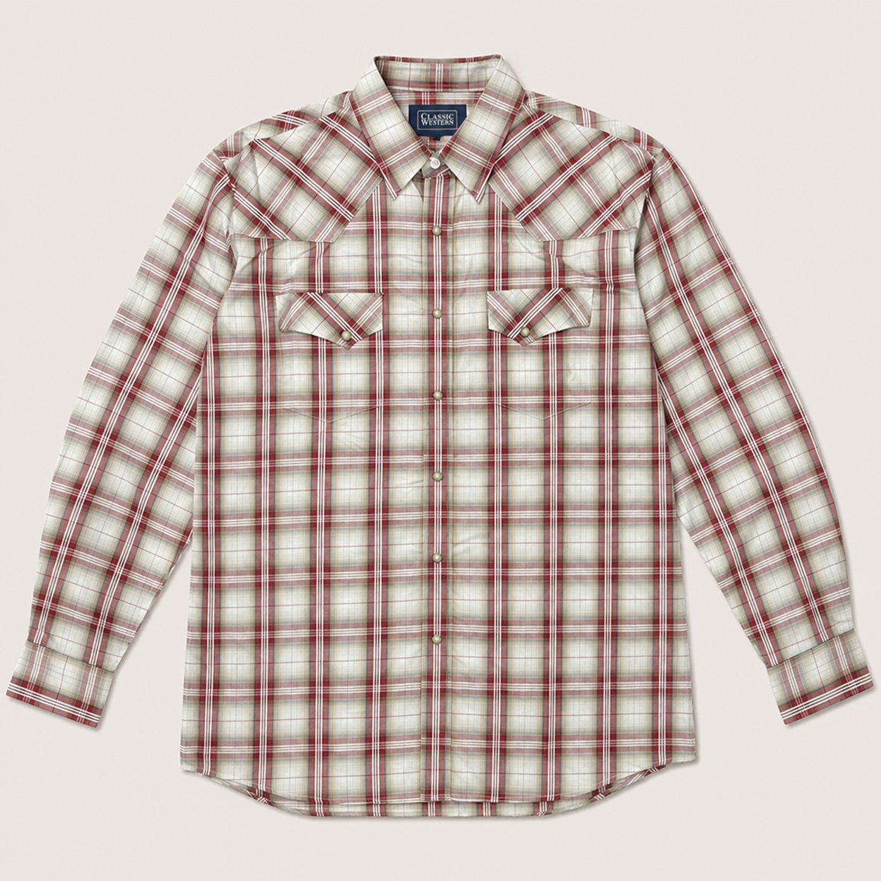 Cowboy Legend Men's Cream & Burgundy Plaid Pearl Snap Western Shirt