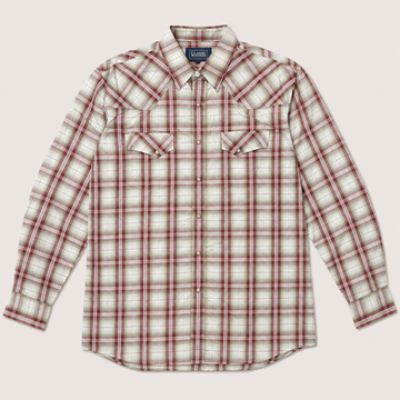 Cowboy Legend Men's Cream & Burgundy Plaid Pearl Snap Western Shirt