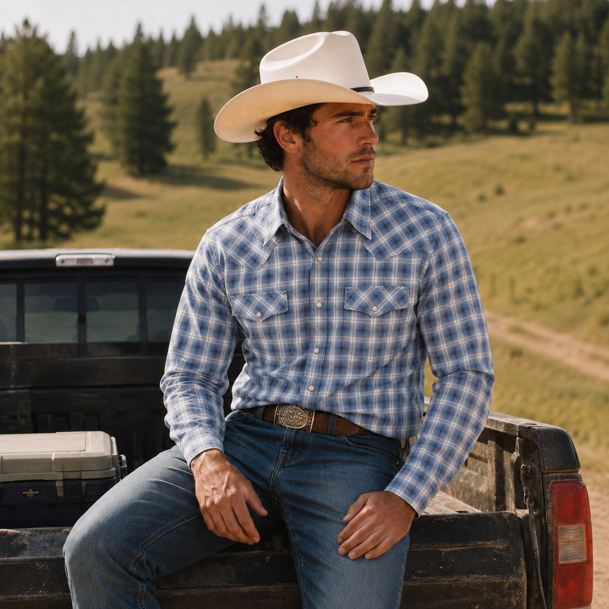 Cowboy Legend Men's Denim Blue Plaid Pearl Snap Western Shirt