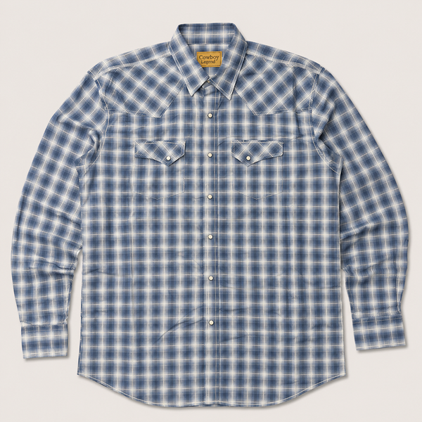 Cowboy Legend Men's Denim Blue Plaid Pearl Snap Western Shirt