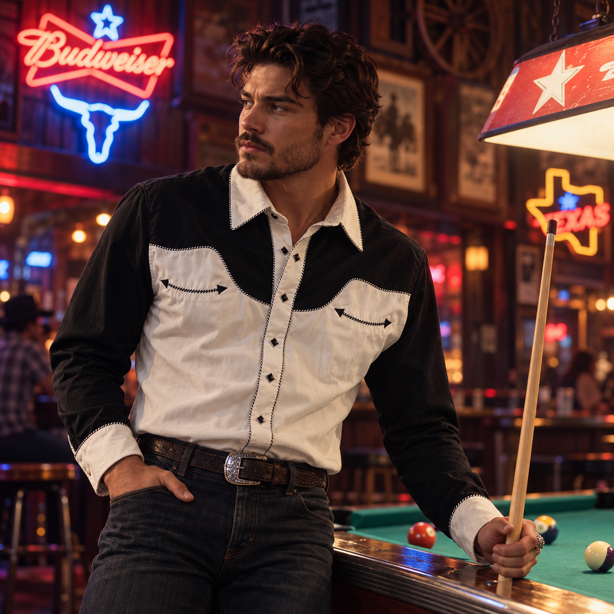 Men’s Classic Black & White Retro Western Snap Shirt
