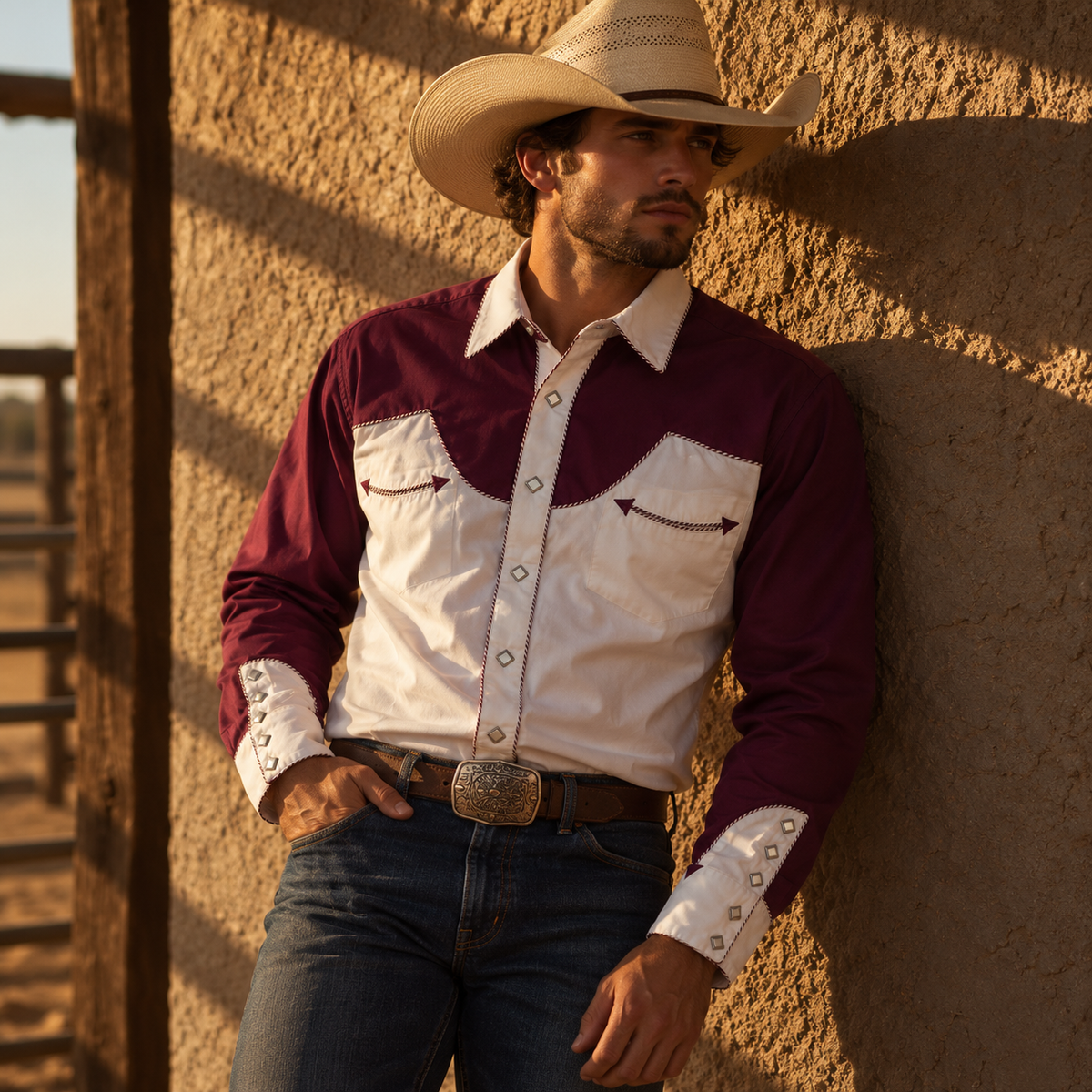 Men’s Classic Eggplant & White Retro Western Snap Shirt
